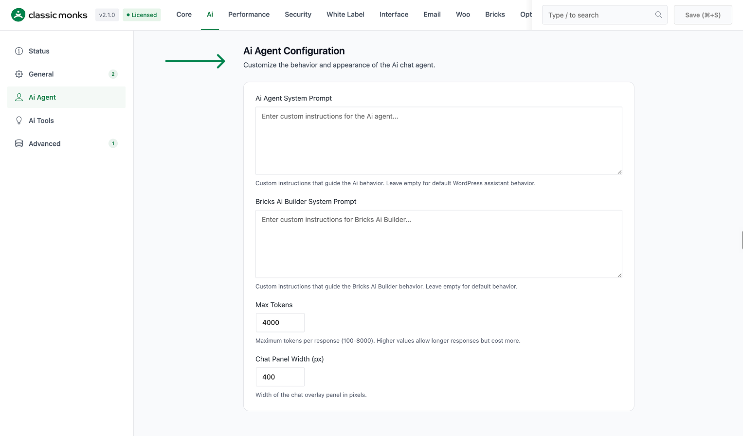 Settings page for AI Agent Configuration in Classic Monks plugin, showing fields for custom AI system prompts, max tokens set to 4000, and chat panel width set to 400 pixels.