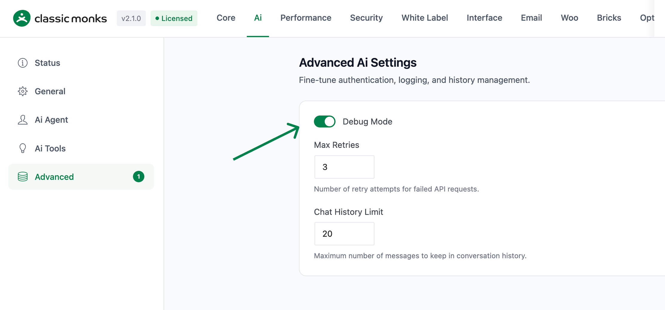 Screenshot of Classic Monks plugin Advanced AI Settings page with Debug Mode toggle enabled and options for Max Retries set to 3 and Chat History Limit set to 20.