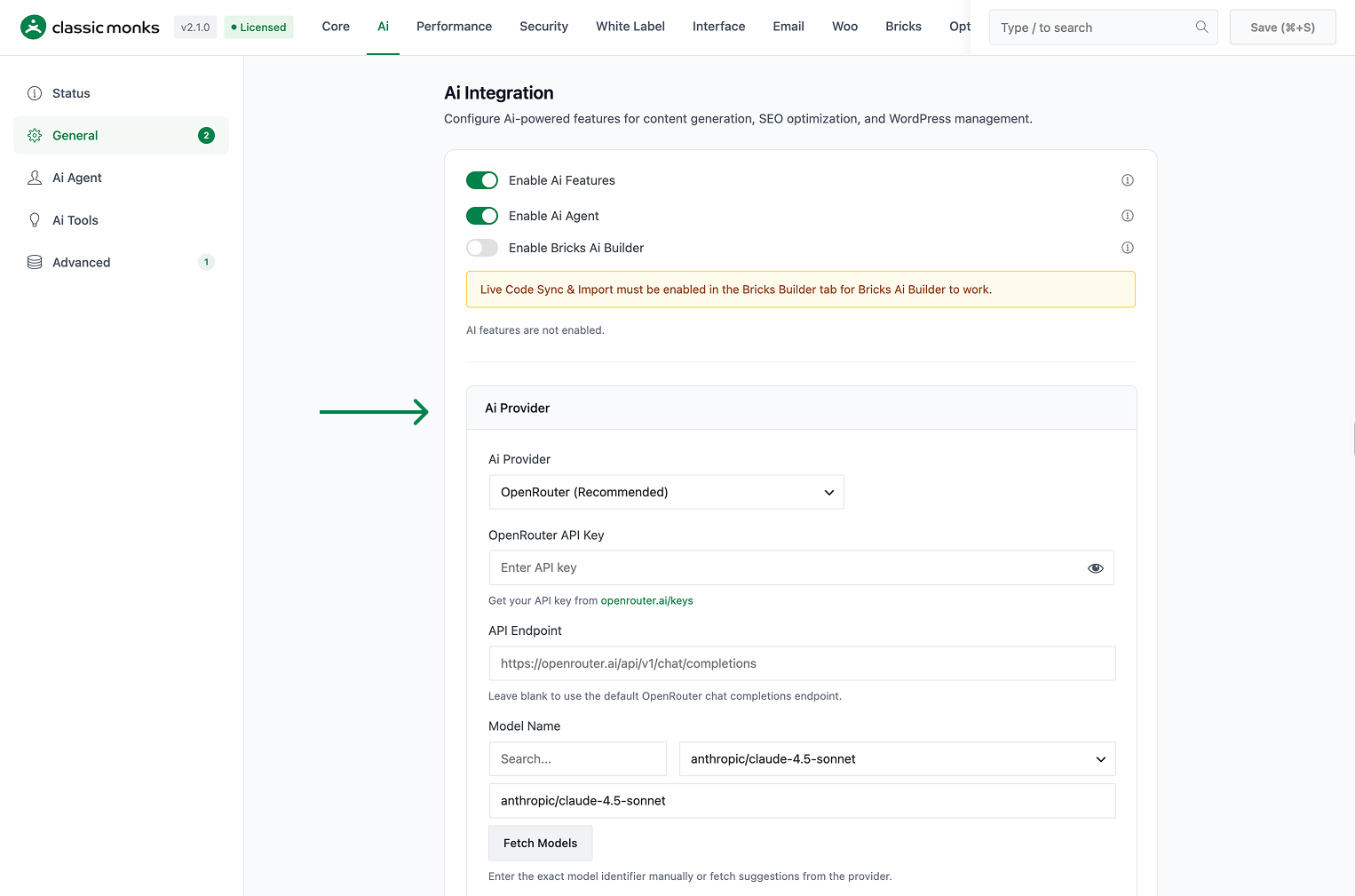AI integration settings interface