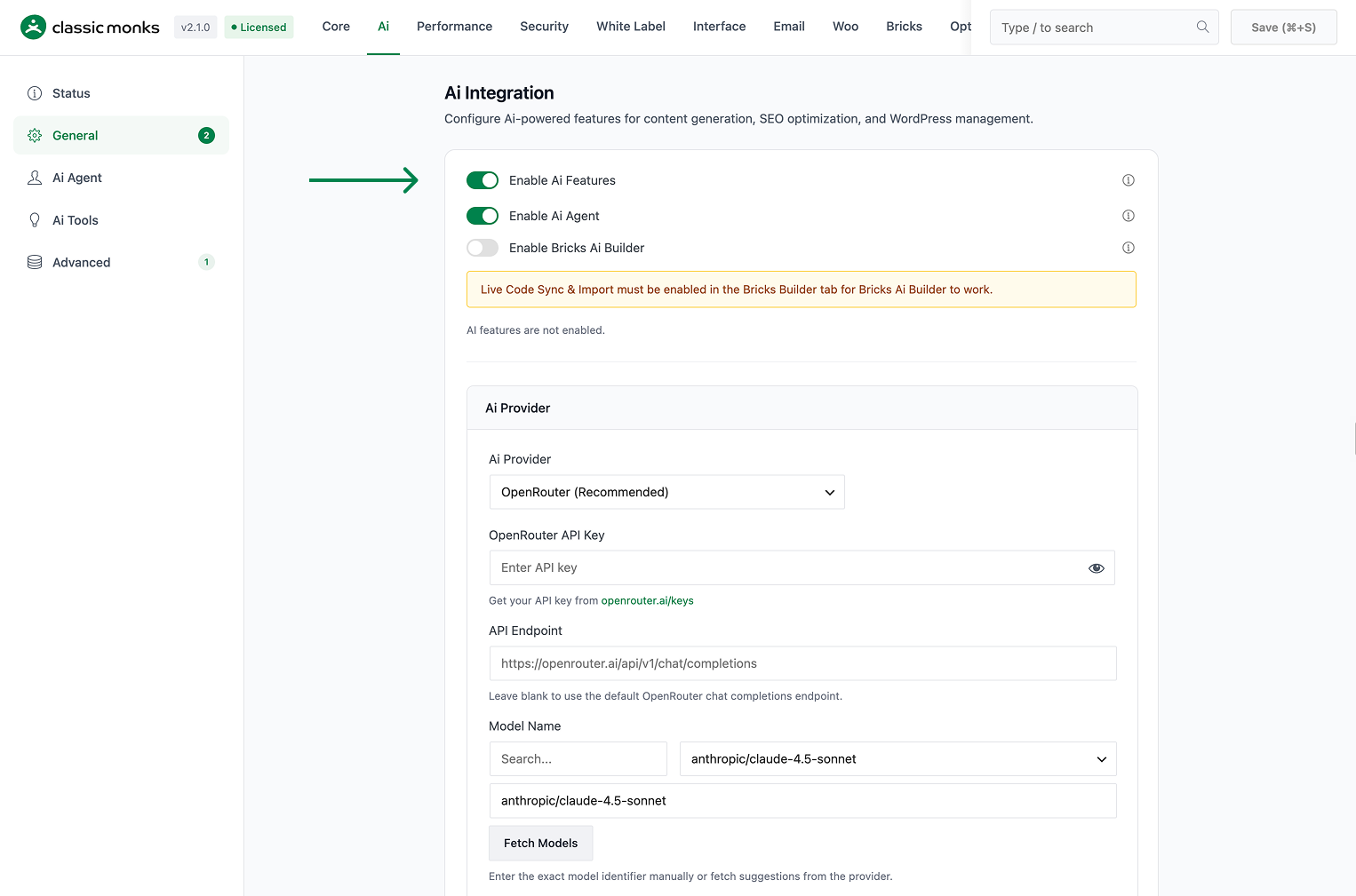 Settings page for Classic Monks AI Integration plugin in WordPress with options to enable AI features and agent, select AI provider, enter API key, and configure model name.
