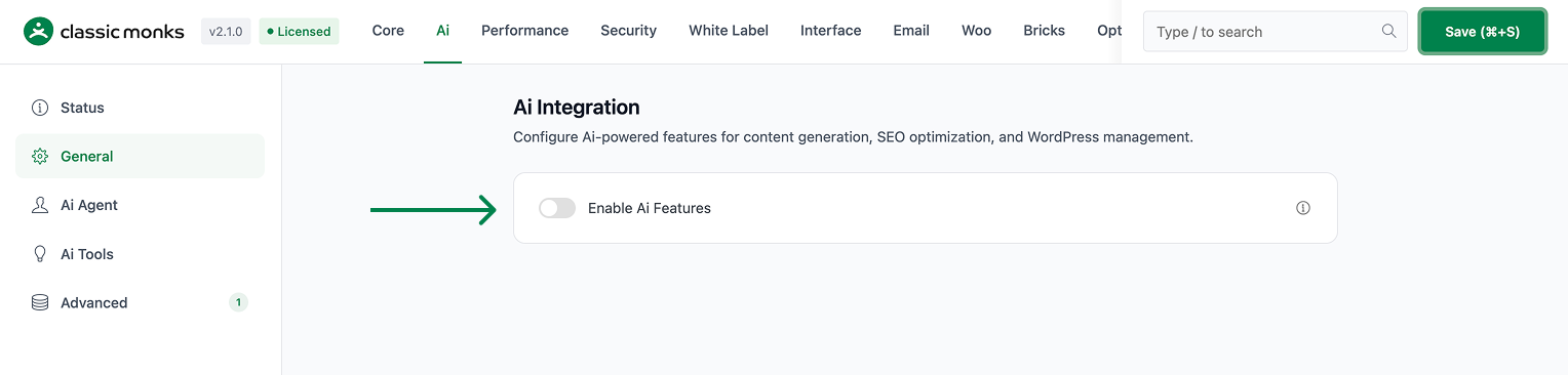 Enable AI features toggle