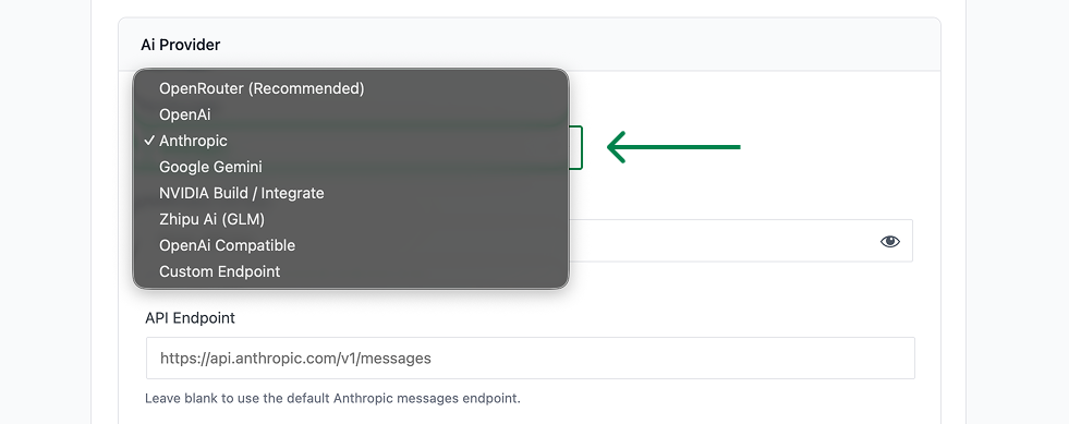 AI provider dropdown menu