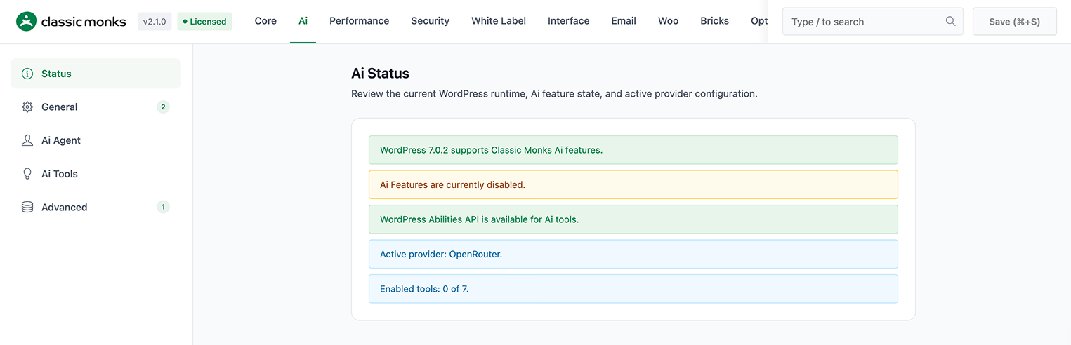 How to Set Up the Bricks Builder Integration in WordPress AI status and tools settings