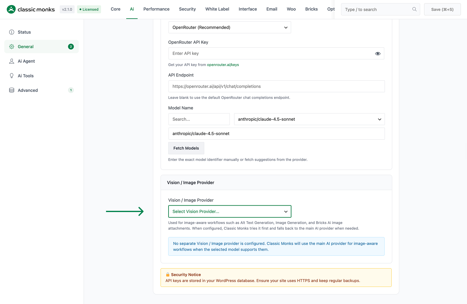 AI model settings configuration.