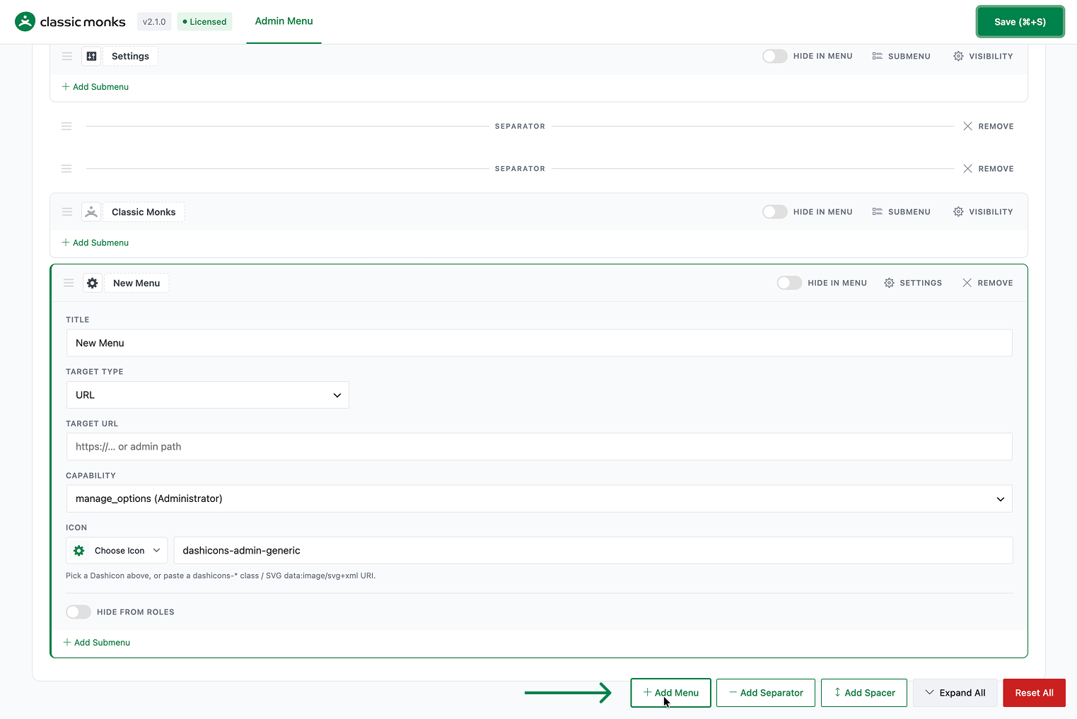 Admin menu interface with options