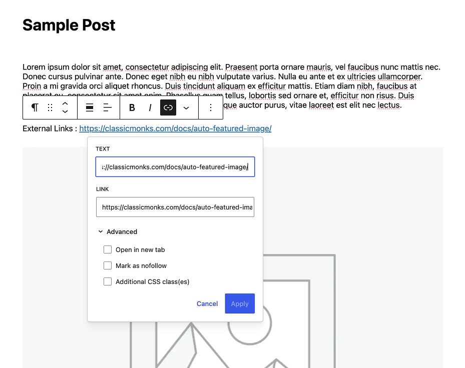 Link settings modal dialog