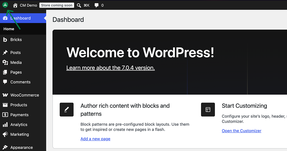 WordPress dashboard with content blocks