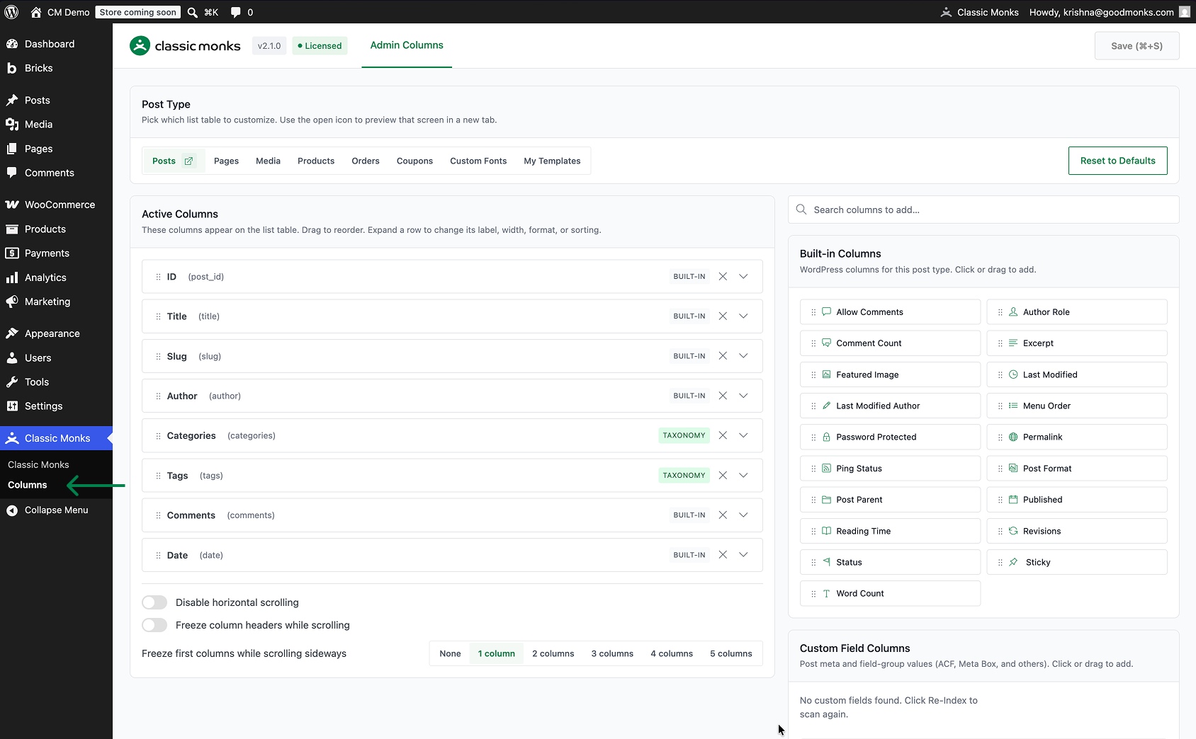 Admin Columns settings page.