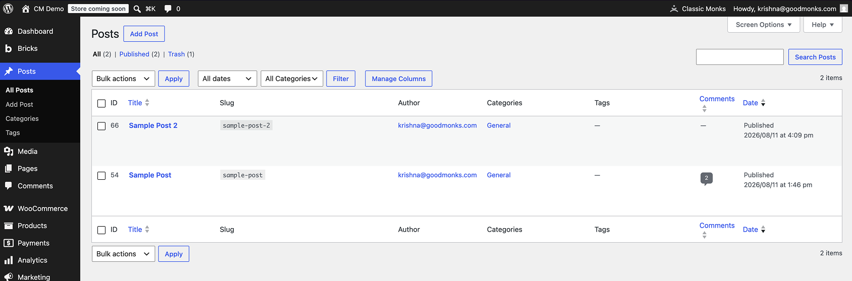 WordPress admin posts page showing two published posts titled "Sample Post 2" and "Sample Post" by author krishna@goodmonks.com, both in the General category, with one post having two comments.