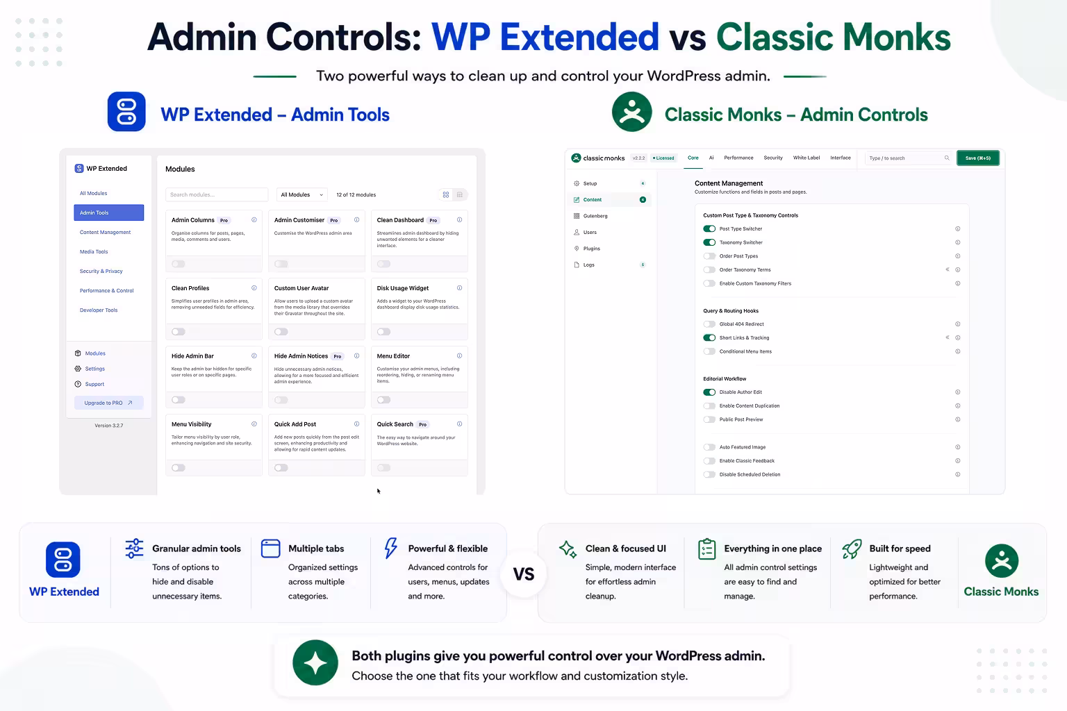 WordPress admin comparison WP Extended