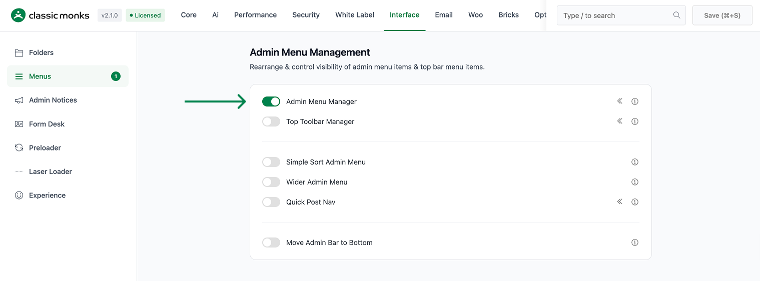 Admin menu management interface.