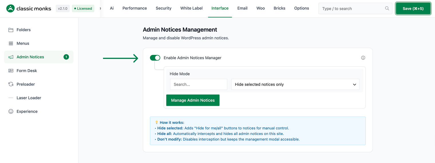 Admin notices management interface.