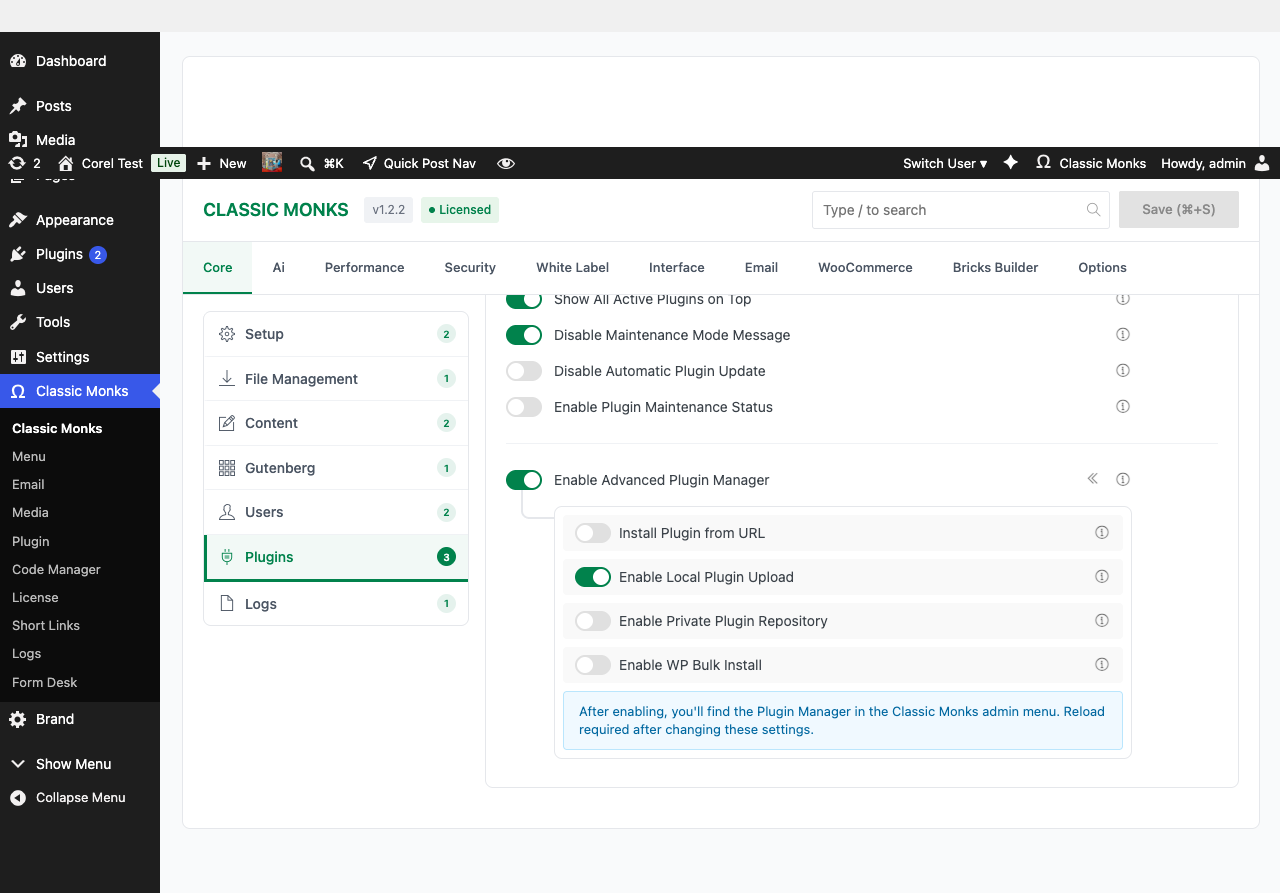 WordPress admin dashboard showing Classic Monks plugin settings with toggles for enabling advanced plugin manager and local plugin upload.