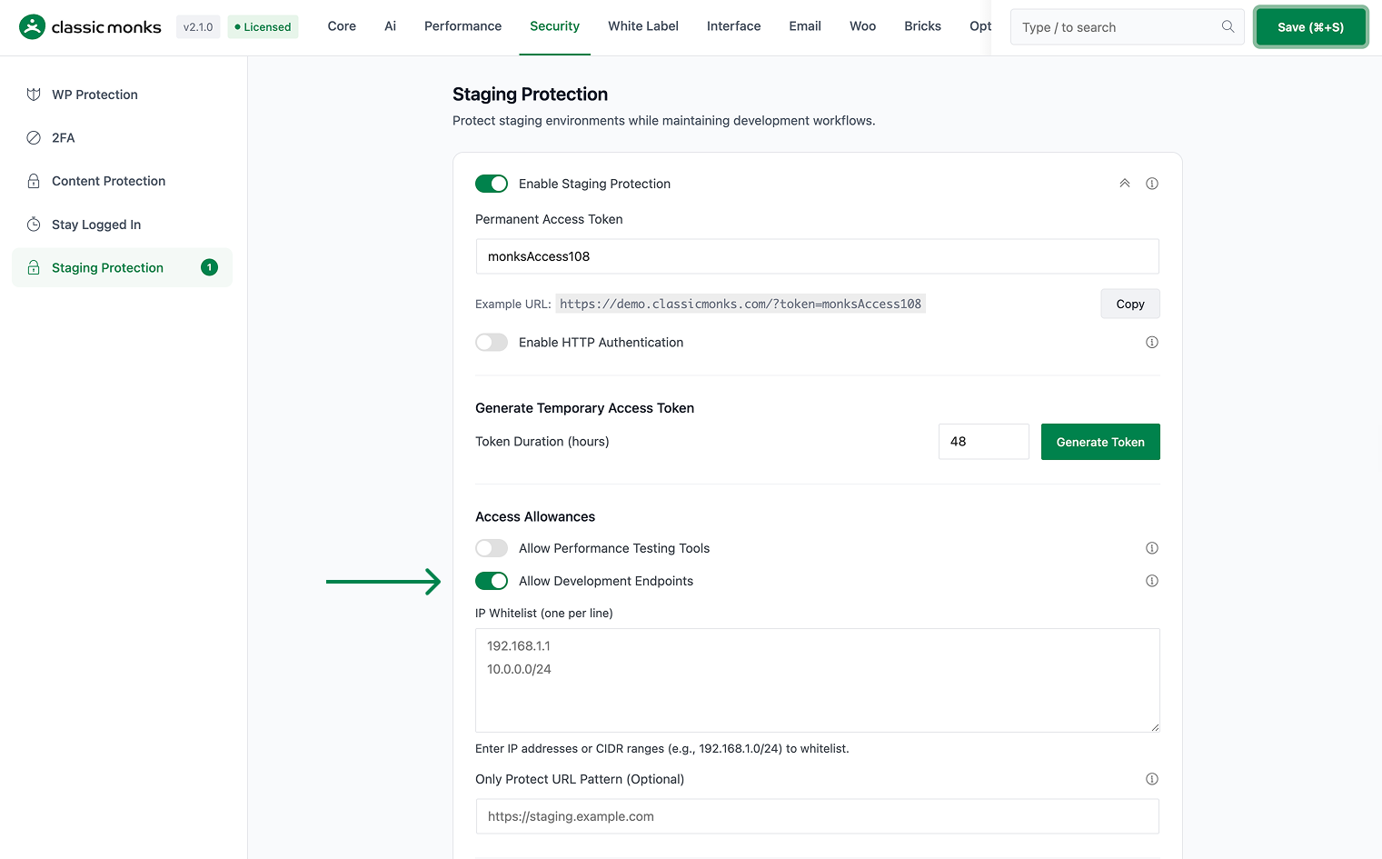Staging protection settings on dashboard