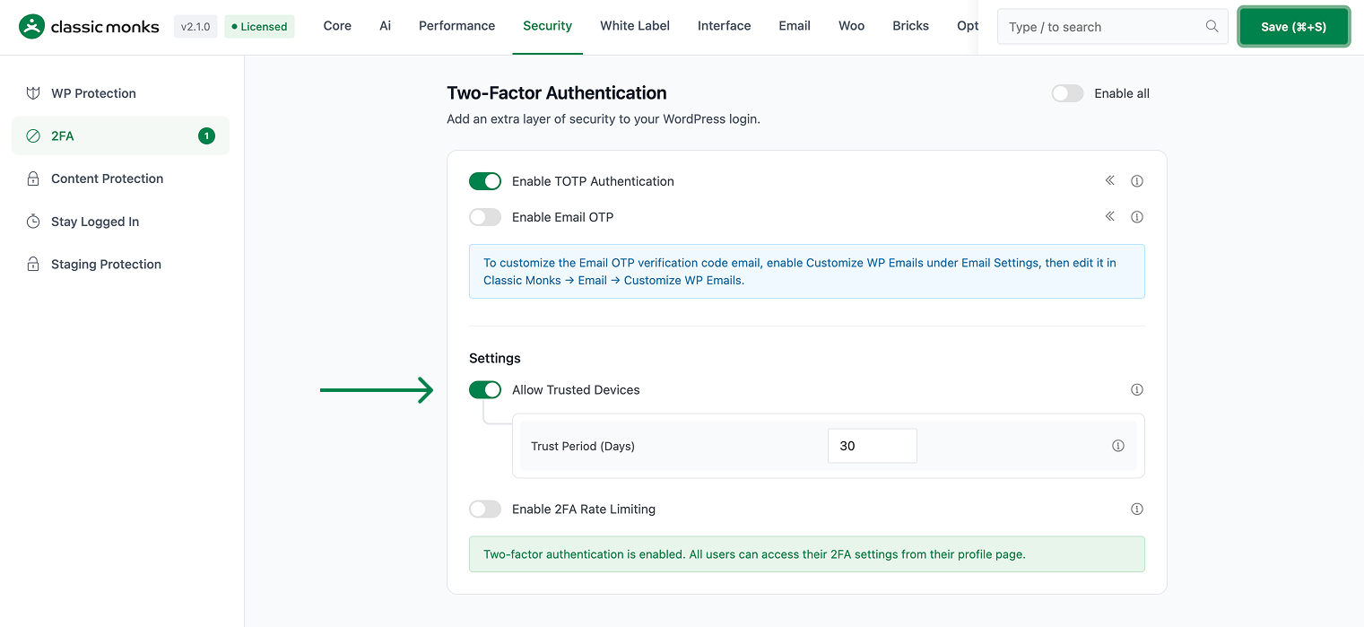 Two-factor authentication settings screen
