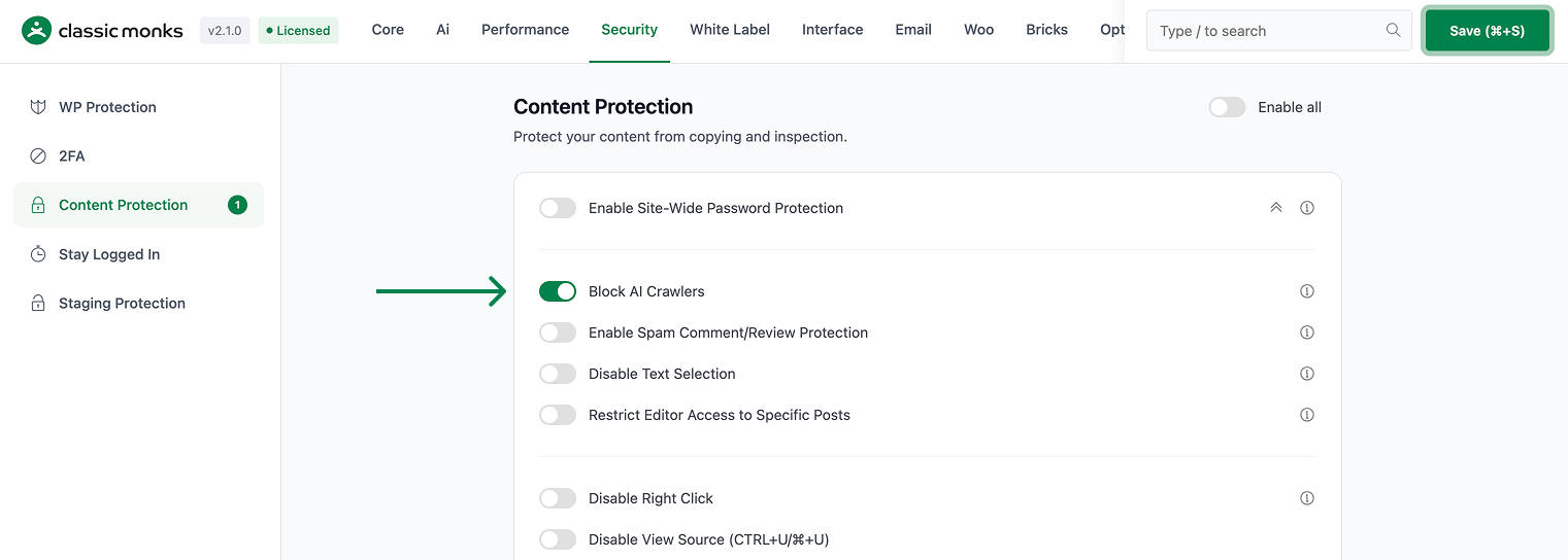 Block AI crawlers toggle enabled