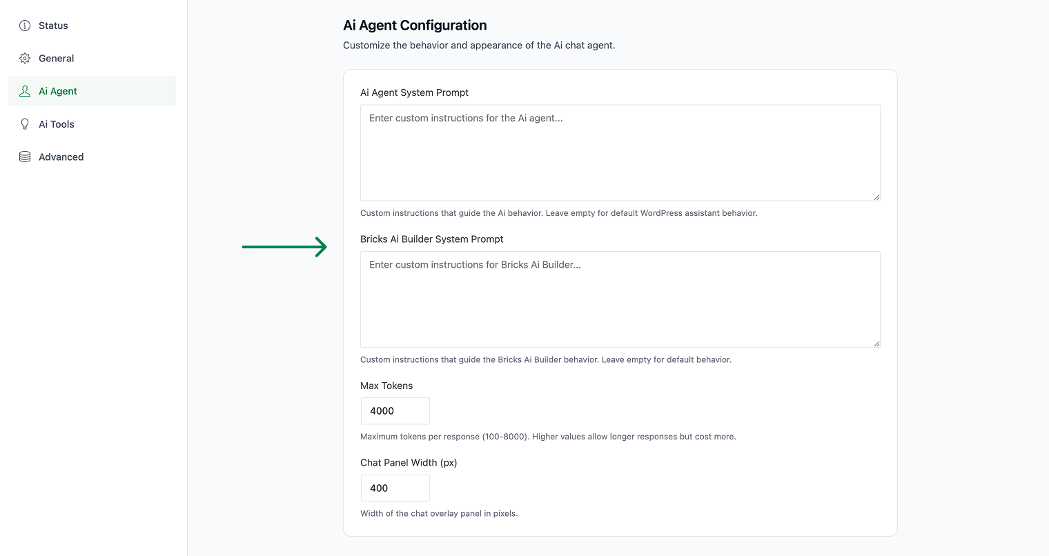 Settings page showing AI Agent Configuration with fields for AI Agent System Prompt, Bricks AI Builder System Prompt, Max Tokens set to 4000, and Chat Panel Width set to 400 pixels. The AI Agent tab is selected in the left sidebar menu.