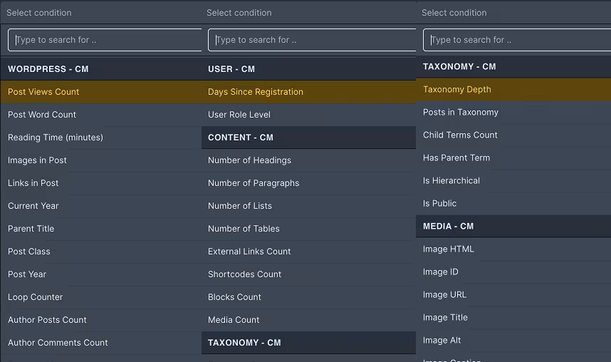 WordPress condition options menu