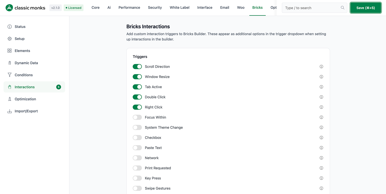 Dashboard interface of Classic Monks Bricks Builder showing the Bricks Interactions settings with toggles for various interaction triggers like Scroll Direction, Window Resize, Tab Active, Double Click, and Right Click enabled.