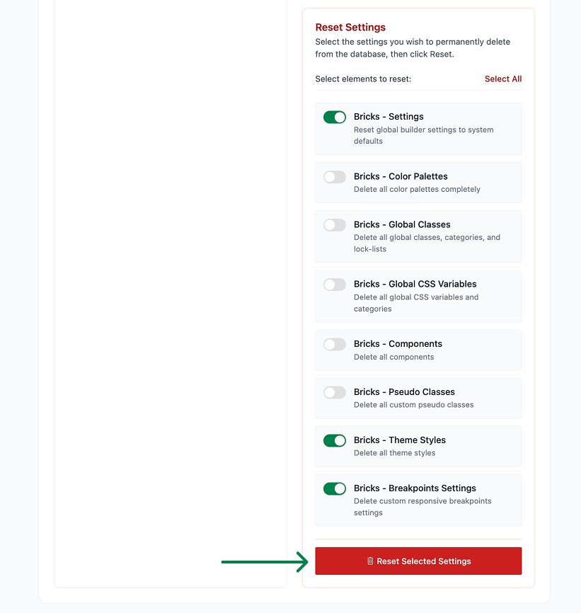 Reset Bricks settings interface