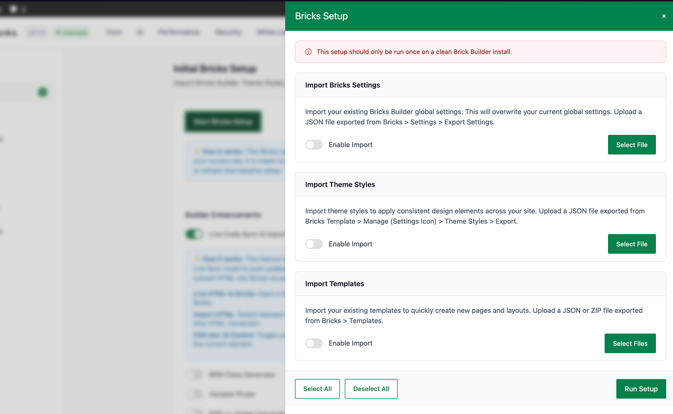 How to Set Up the Bricks Builder Integration in WordPress Bricks Setup import options panel