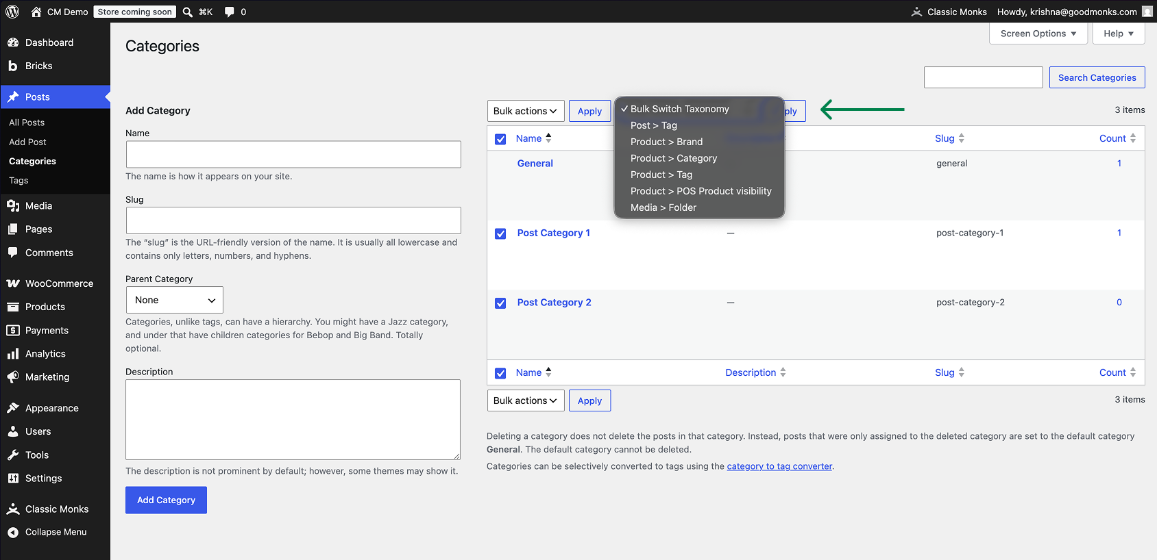 WordPress categories bulk actions menu