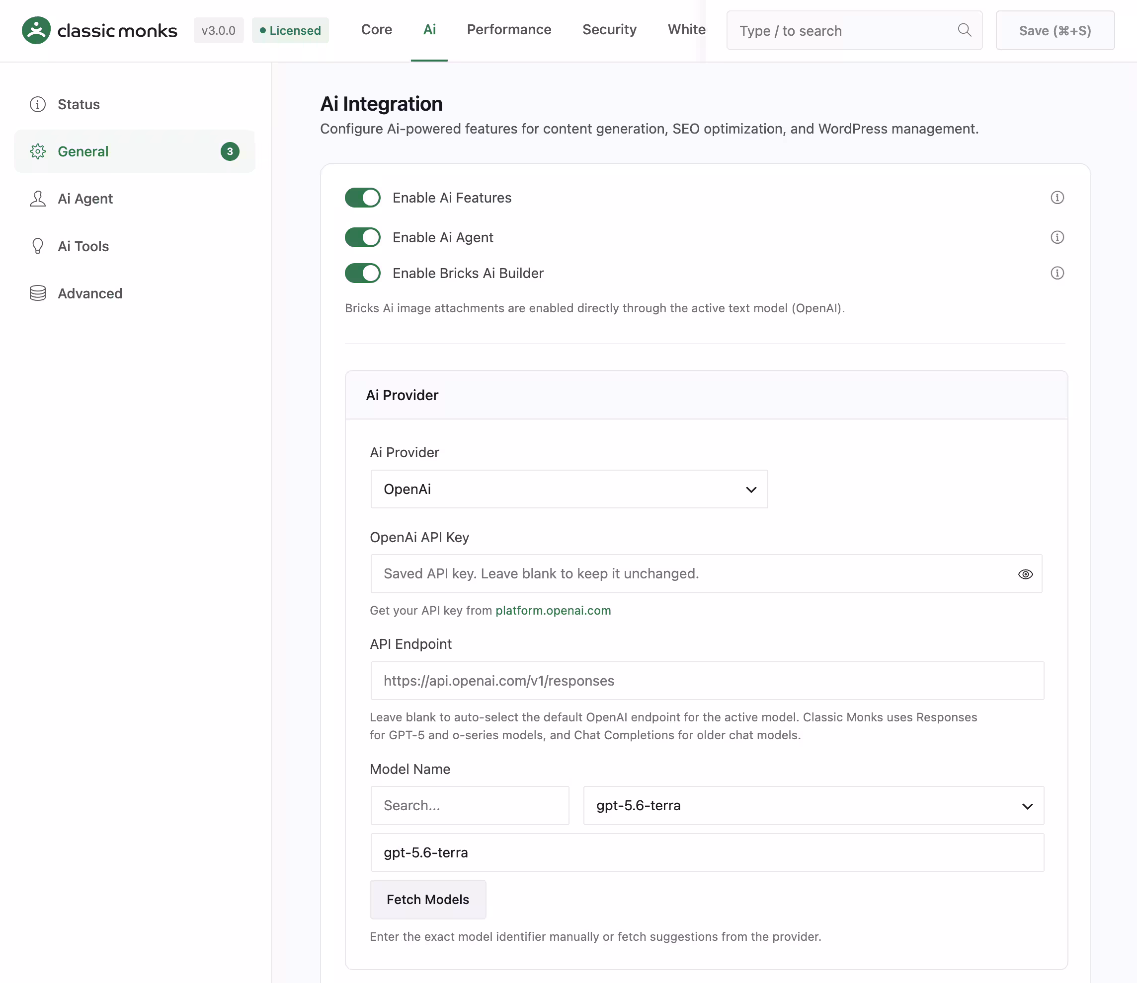 AI integration settings page