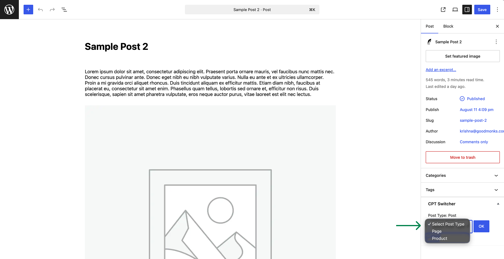 How to Use the Post Type Switcher in WordPress WordPress post creation interface