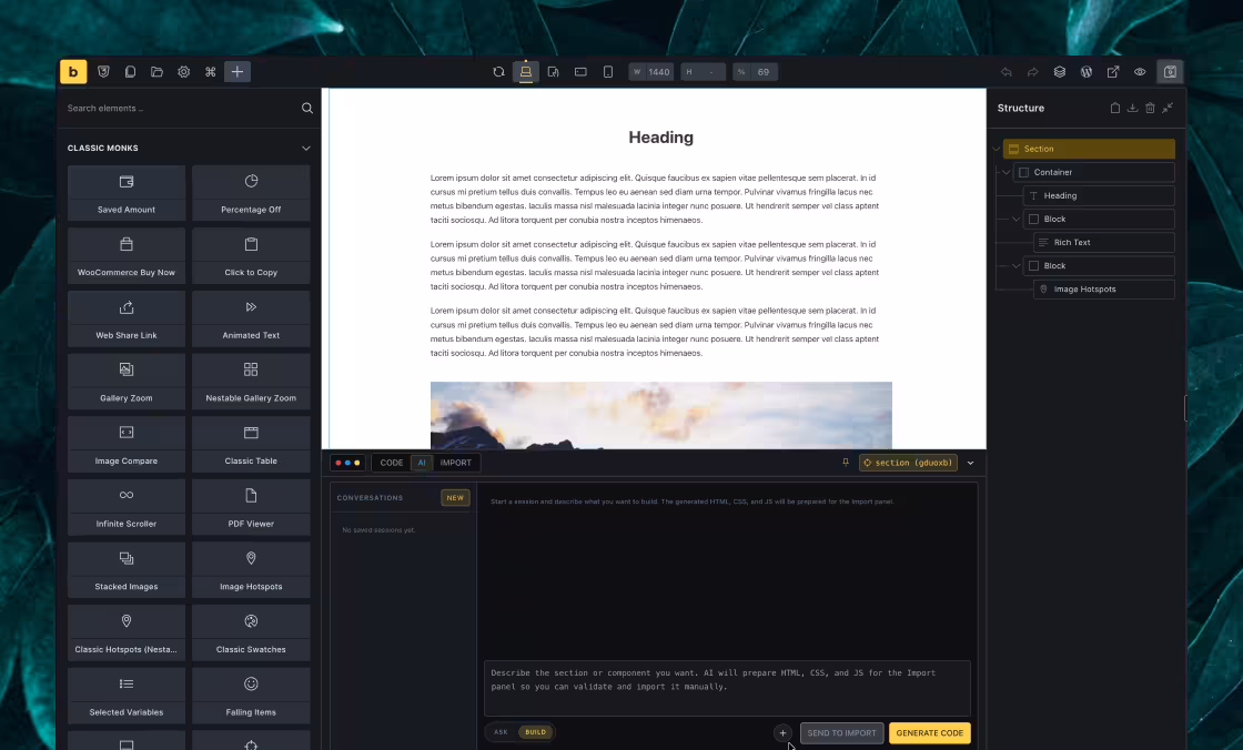 Screenshot of a web design tool interface showing a webpage preview with a heading, placeholder text, and an image, alongside panels for element selection, structure, and code generation.