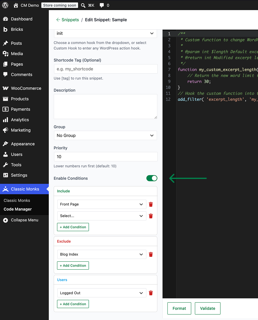 Edit snippet for WordPress
