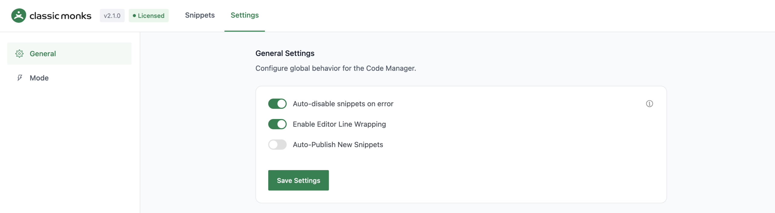 General settings for code manager
