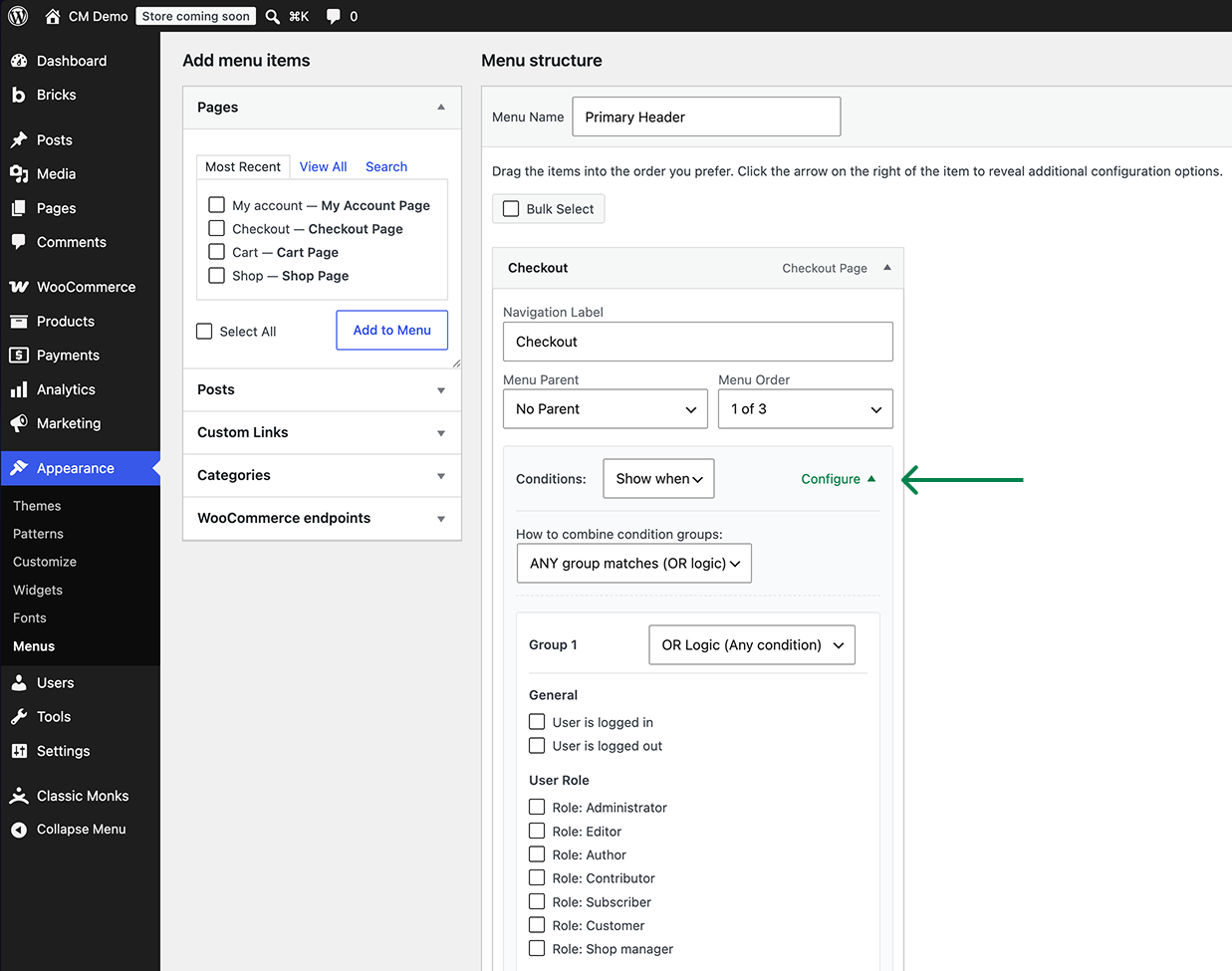 Checkout page menu options