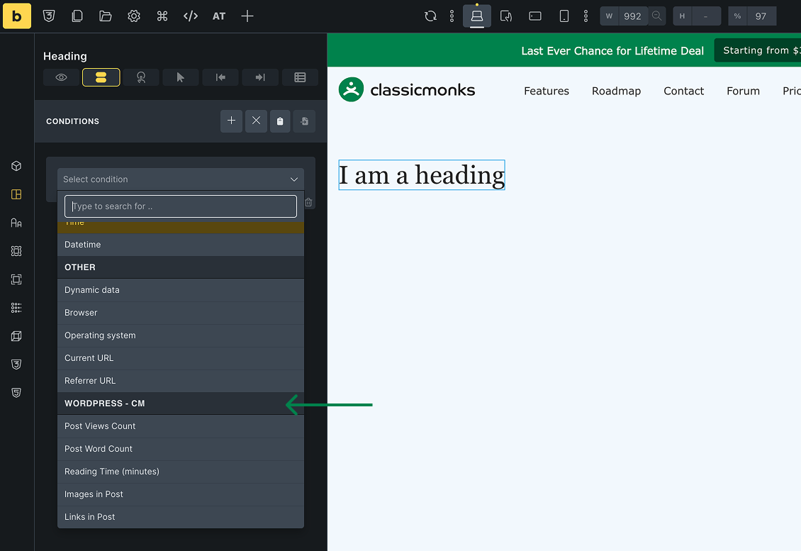 WordPress condition selection interface