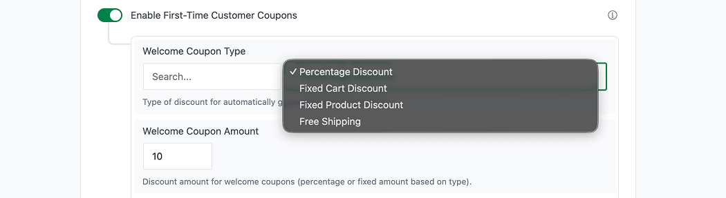 Coupon type dropdown menu open