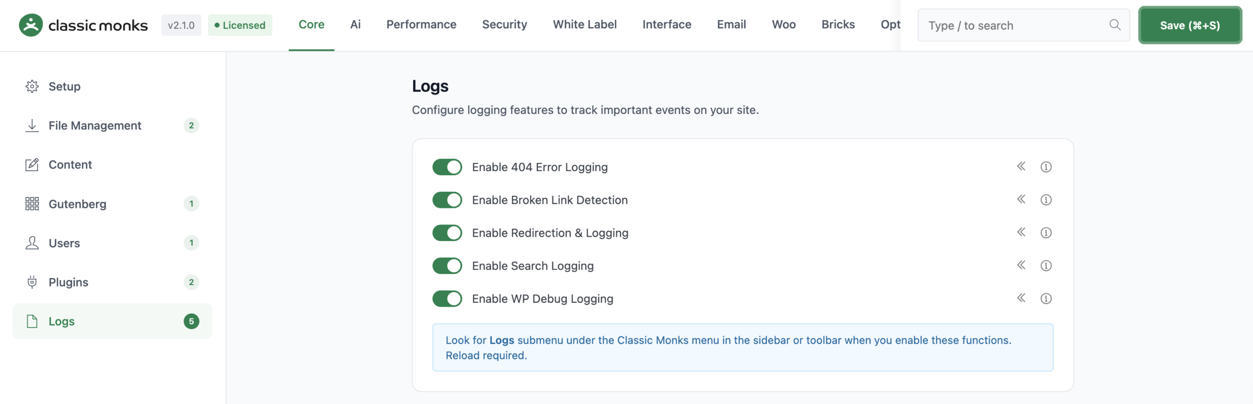 Classic Monks logs interface.