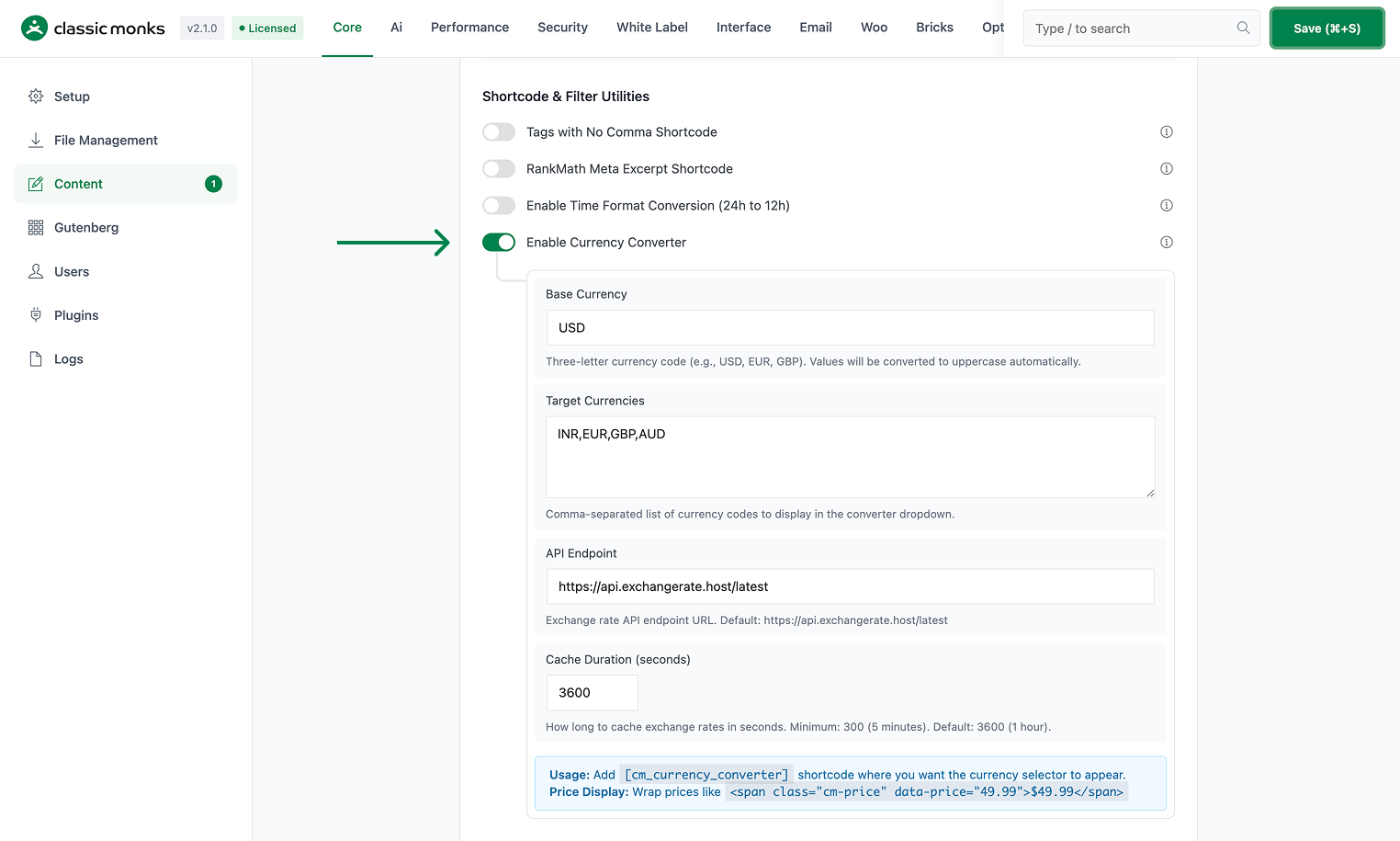 Enable currency converter settings