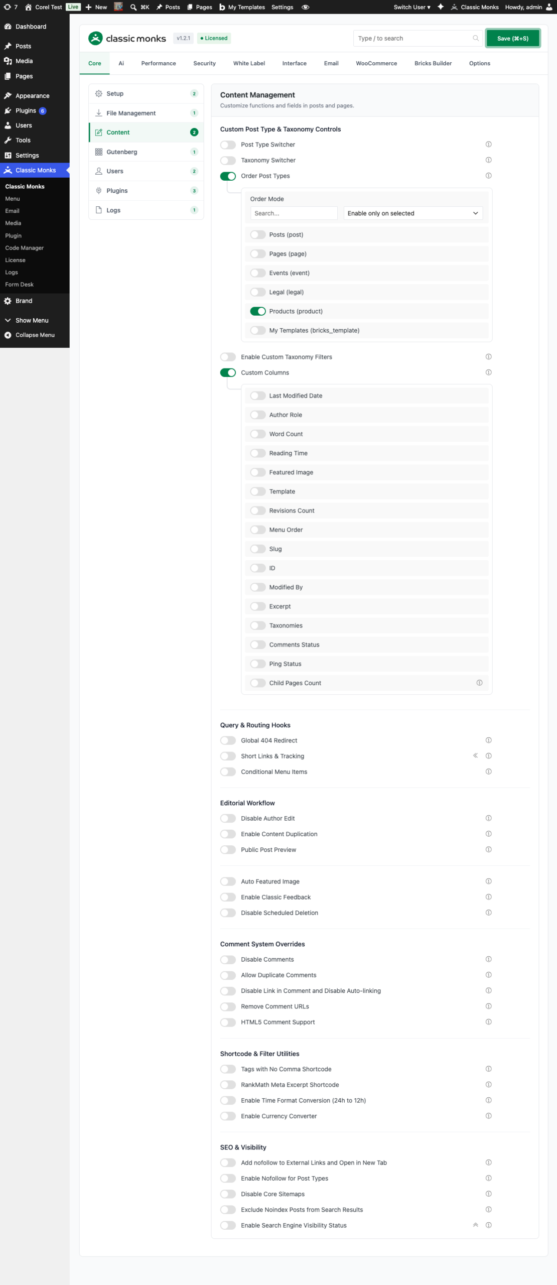 Content management settings for website