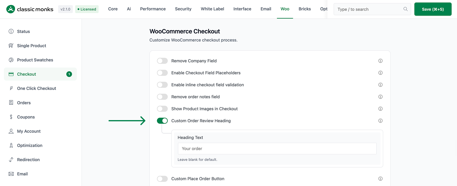 WooCommerce checkout settings page