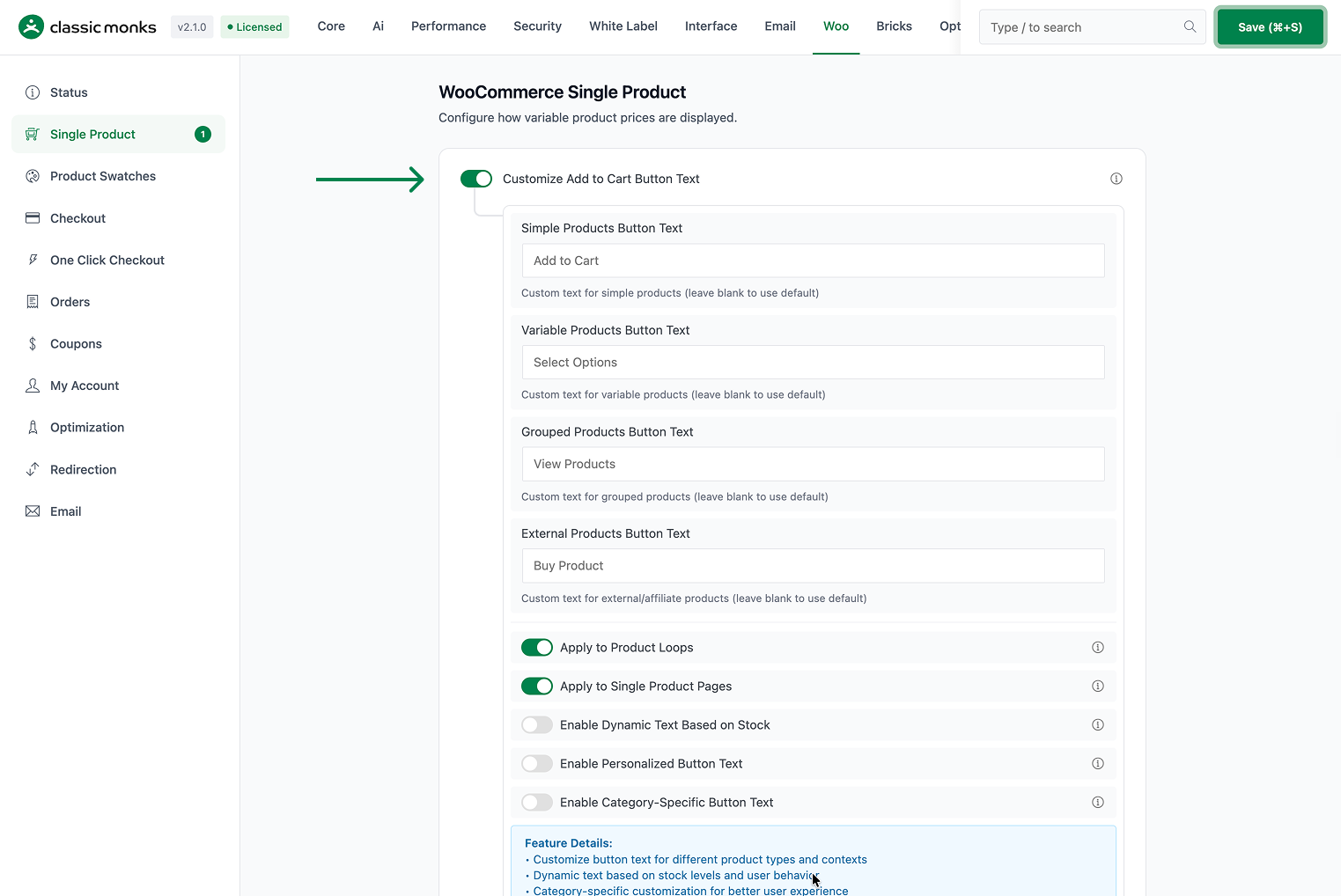 Product button text customization settings
