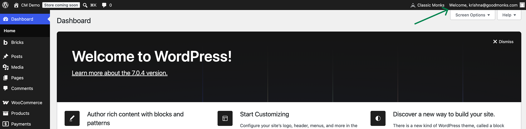 WordPress dashboard welcome screen