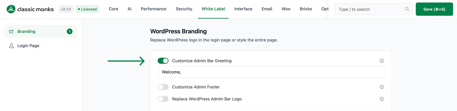 WordPress branding options active.
