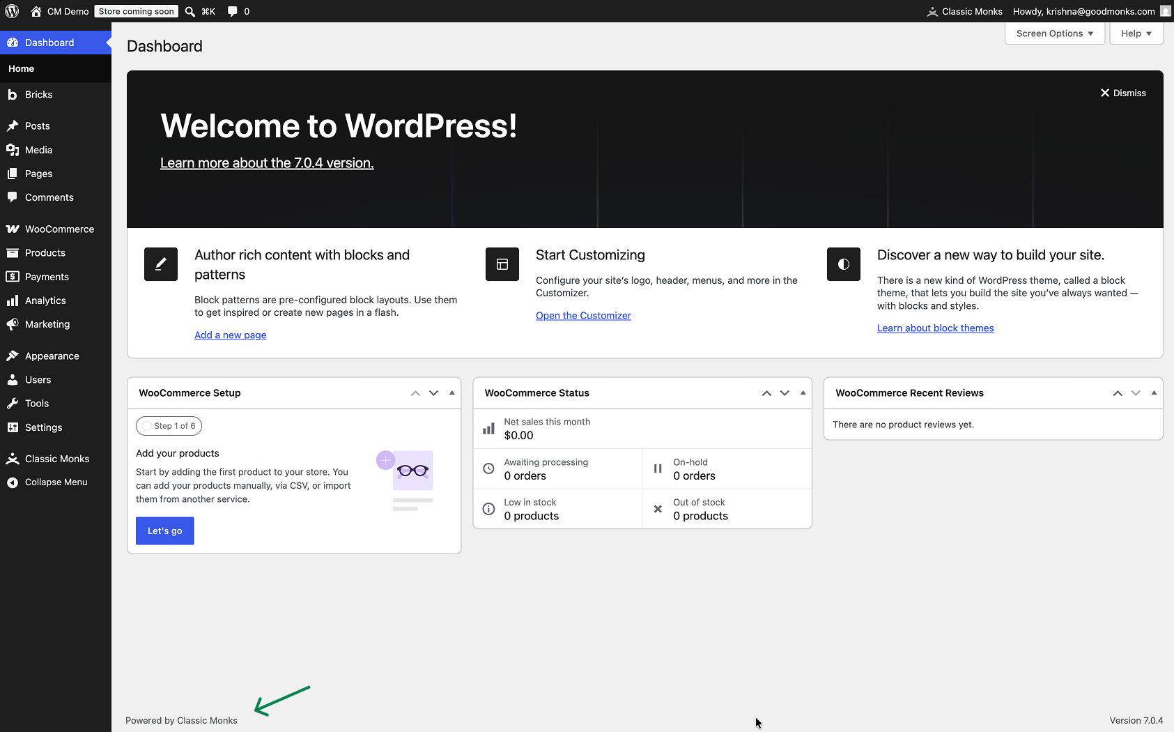 WordPress dashboard with WooCommerce