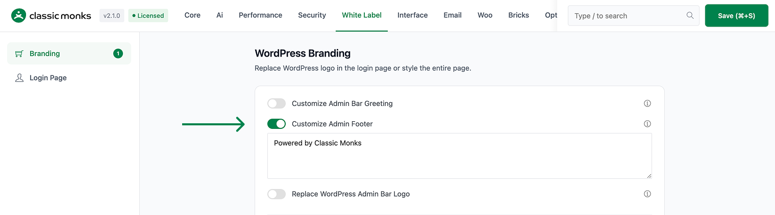 WordPress admin footer branding