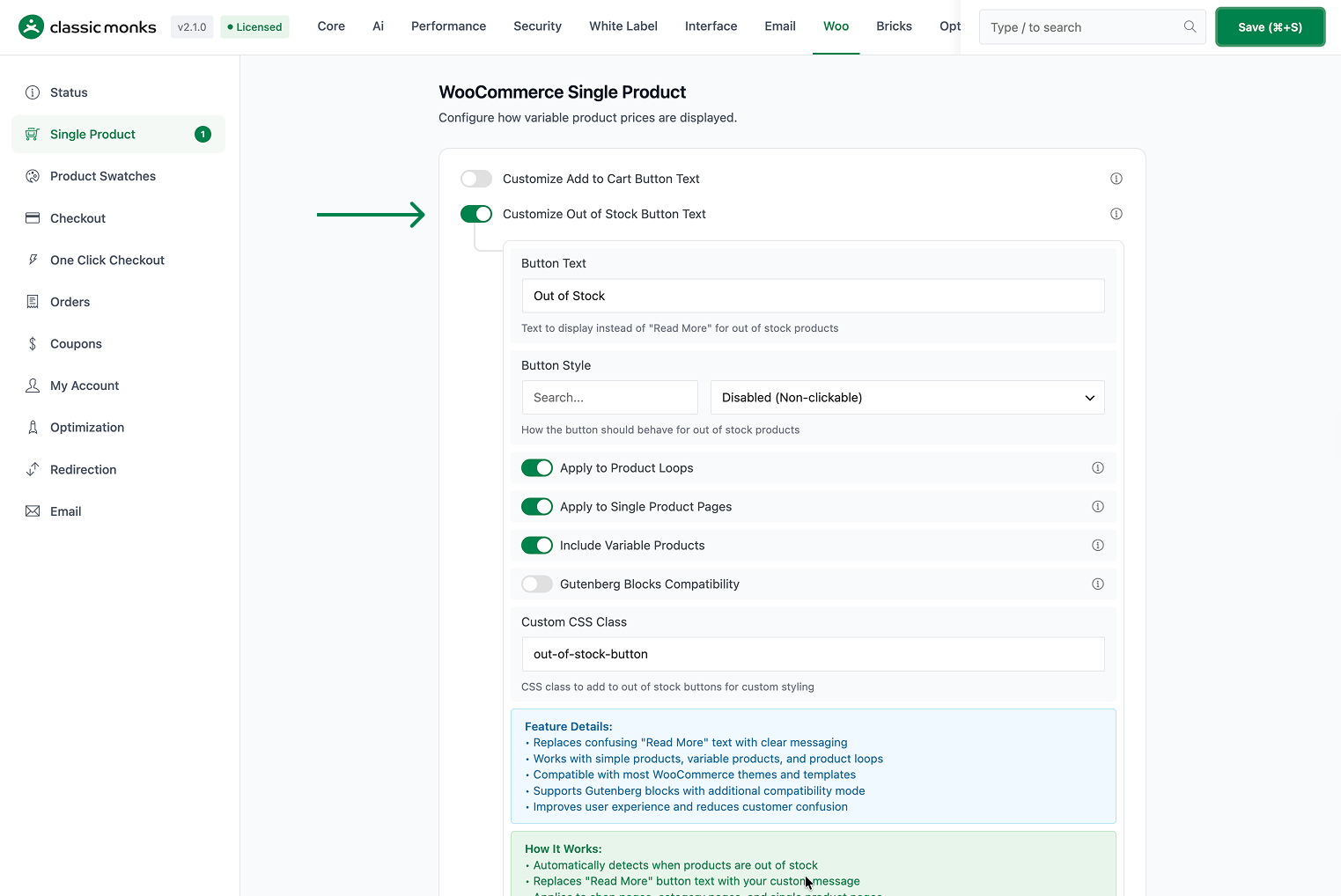 WooCommerce single product settings.