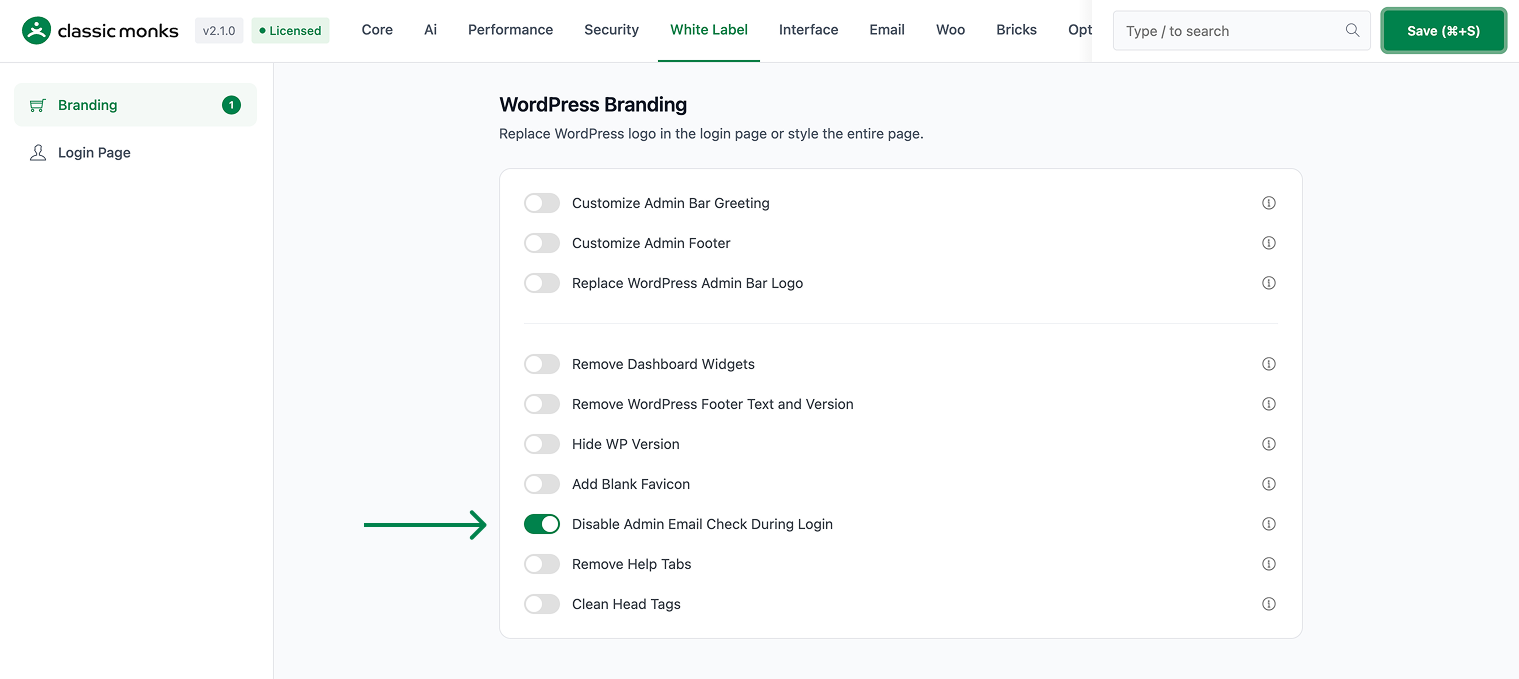 How to Disable the Admin Email Check in WordPress WordPress branding settings enabled toggle