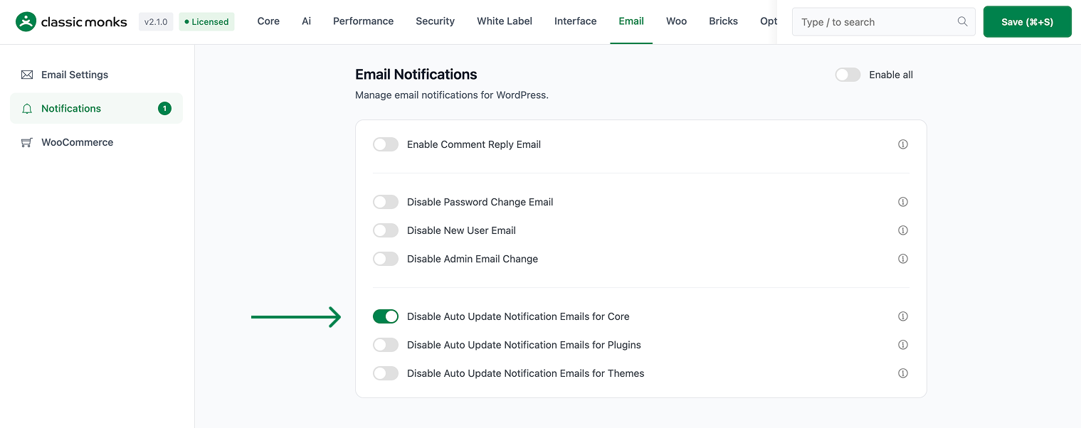 Email update notifications settings
