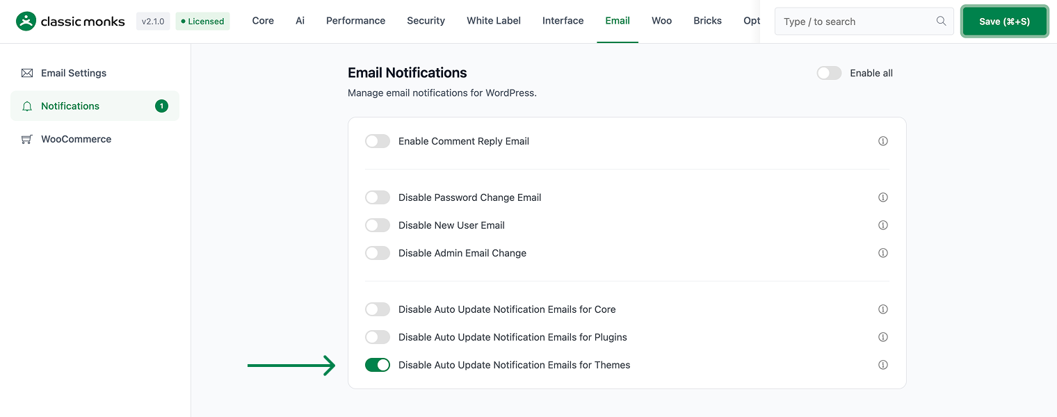 Email notification settings toggle