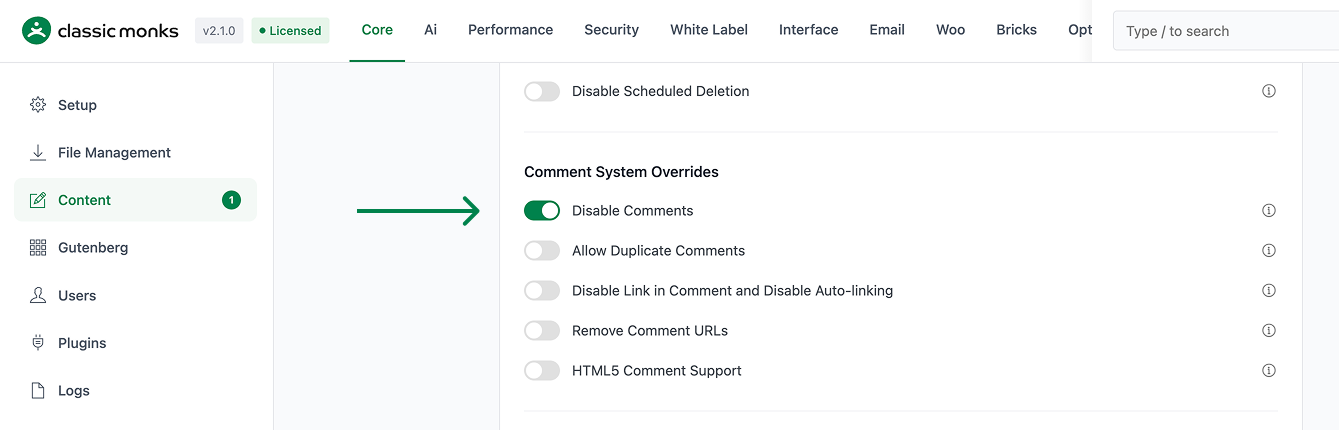 Disable comments toggle switch
