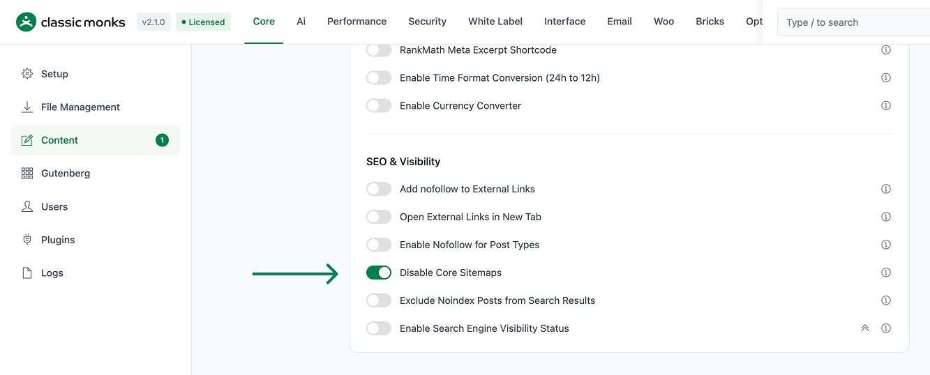 Disable core sitemaps toggle
