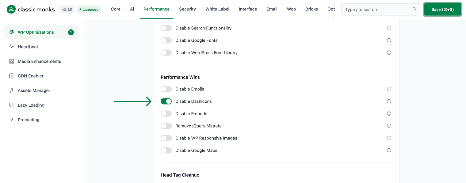 Disable Dashicons toggle on